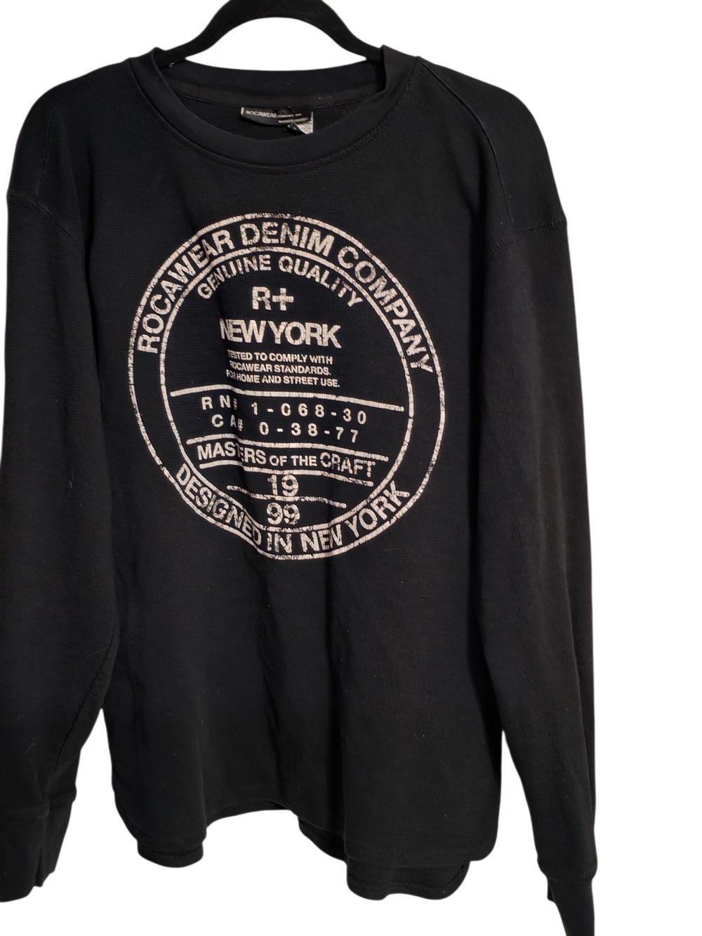 Vintage Y2K Rocawear Waffle Knit Thermal Sweatshirt Mens Large Black 1999